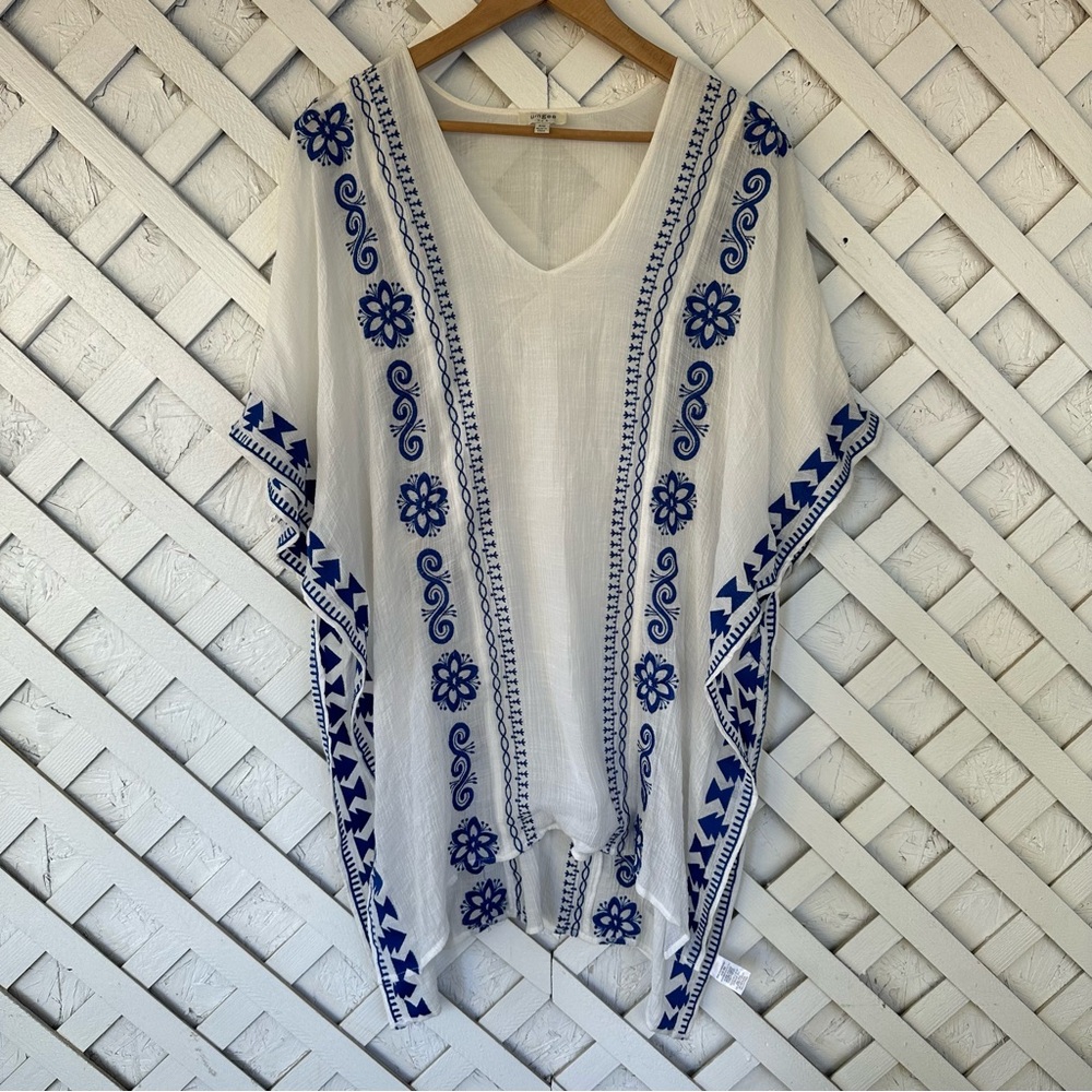 Umgee White Tunic Cover Up with Blue Floral Embroidery Boho Hippie S/M